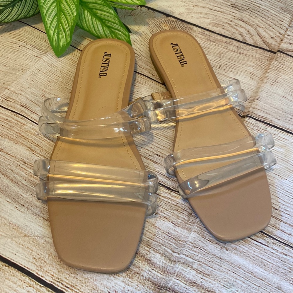 Clear Vinyl Square Toe Strappy Slide Sandals By JustFab
